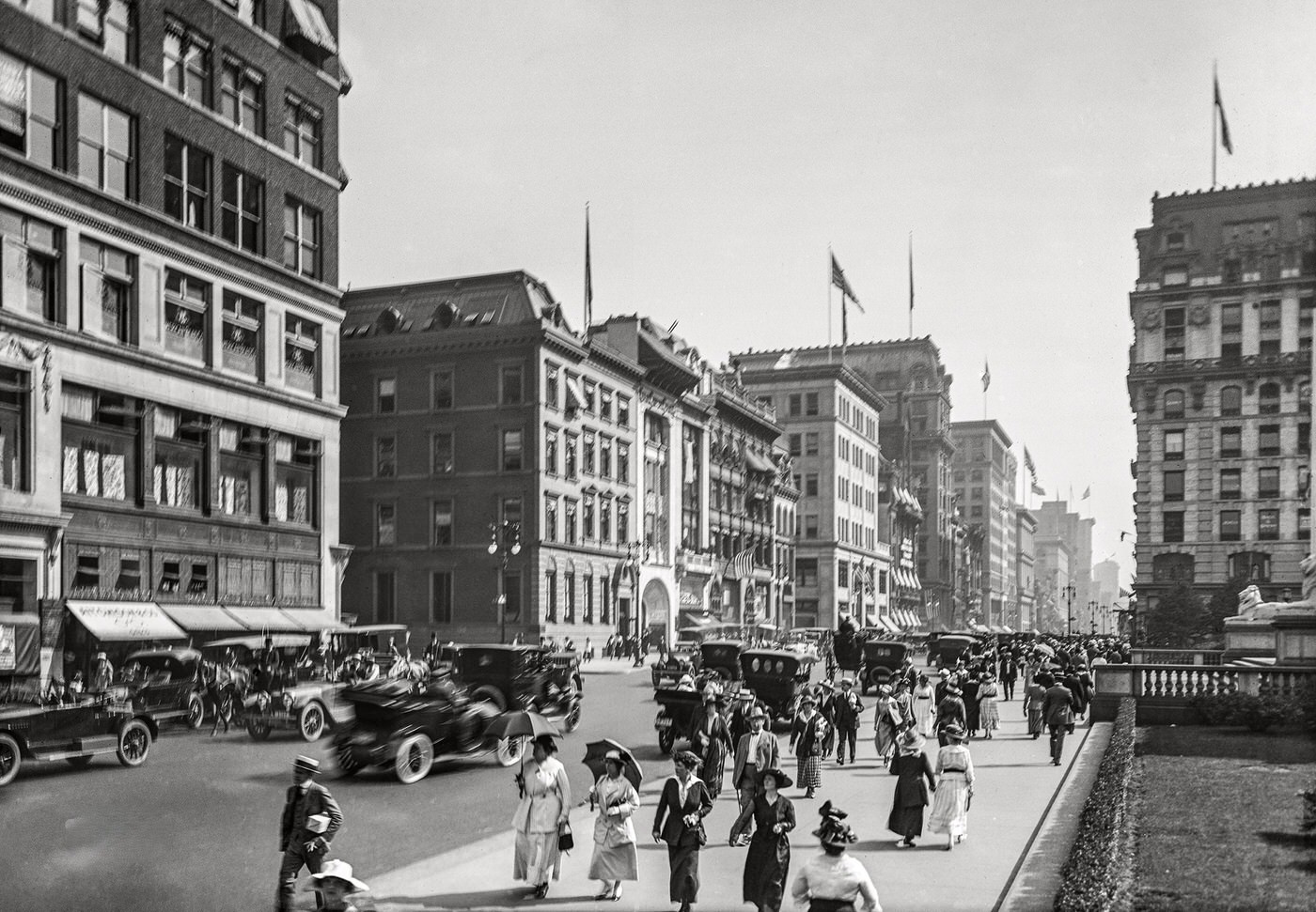 Fifth Avenue From Forty-Second Street, With The Lions Of The New York Public Library At Right, Manhattan, Circa 1916.