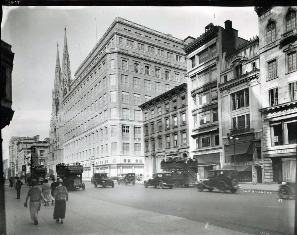 East Side Of Fifth Avenue, Looking North Between 48Th Street And 49Th Street, Showing Saks Fifth Avenue And St. Patrick'S Cathedral, 1924.