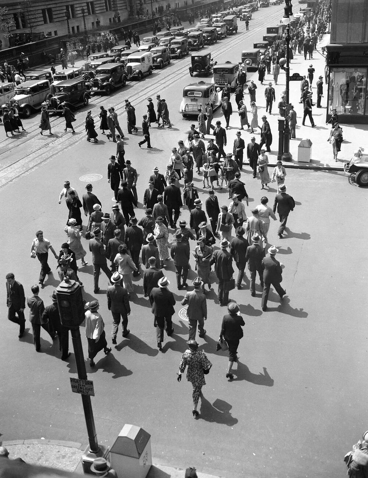 Pedestrian Crowd Crossing The Intersection Of 42Nd Street &Amp;Amp; 5Th Avenue, 1930S.