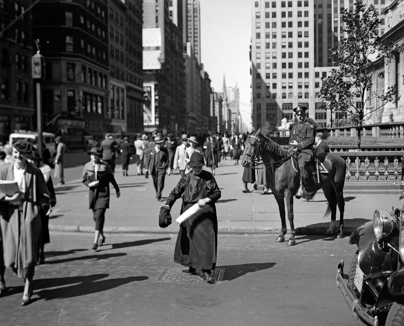 Mounted Policeman And Old Woman Crossing Fifth Avenue At 40Th Street, 1930S.