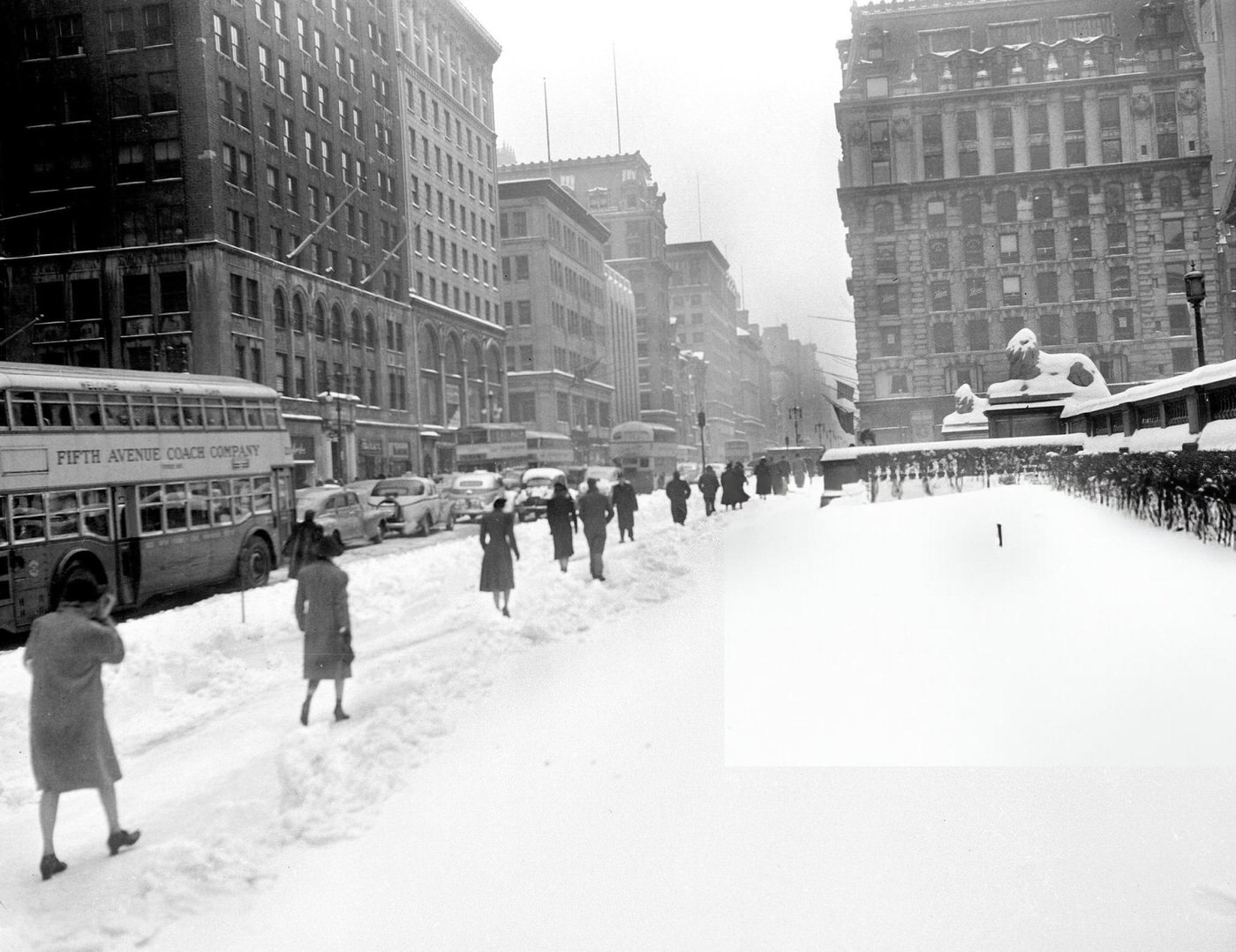 People Walking In Snow On Fifth Avenue.