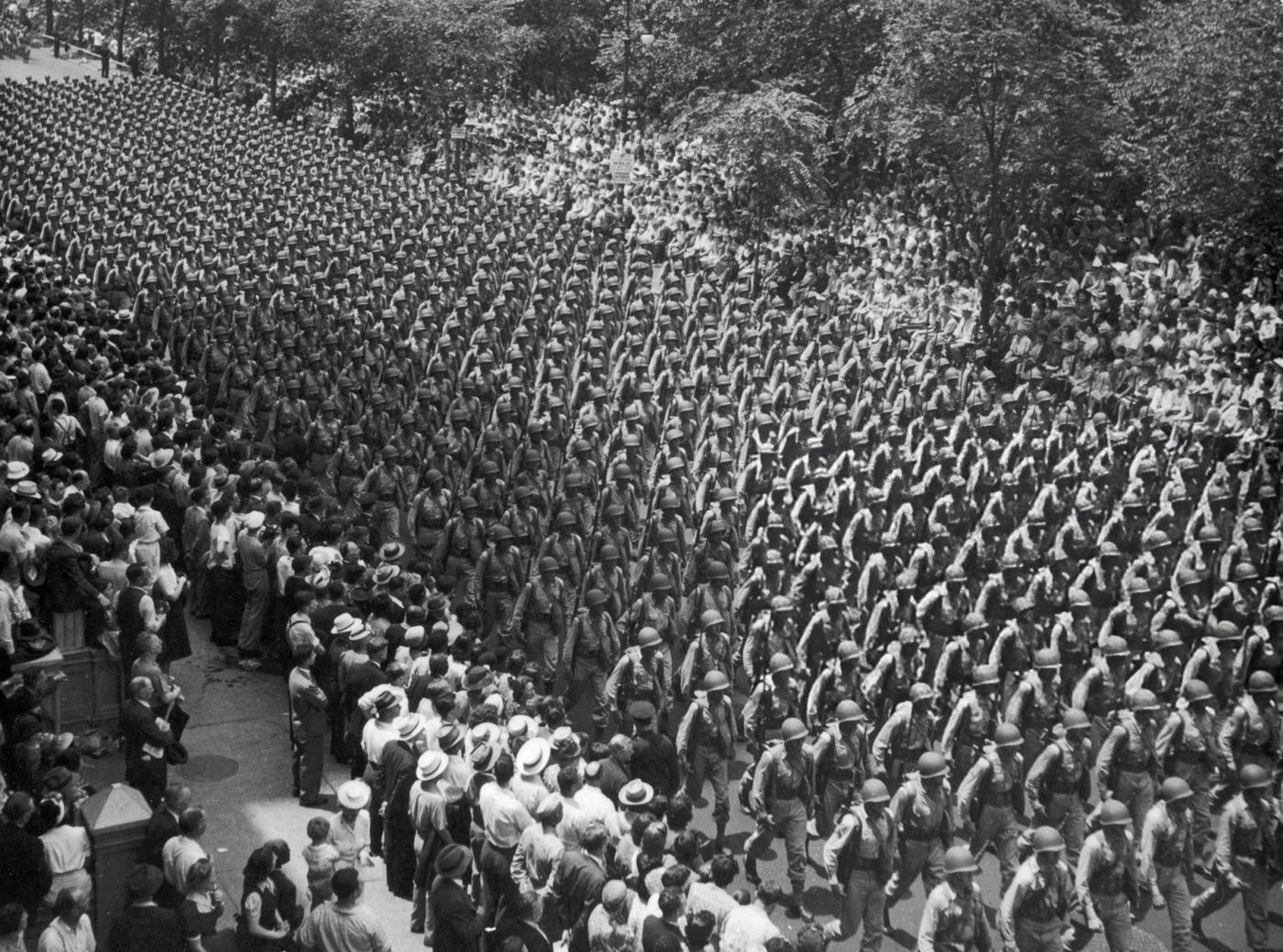 Soldiers Marching In A World War Ii Victory Parade On Fifth Avenue.