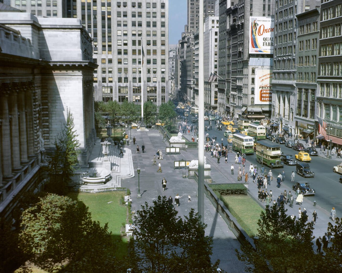 Looking Up Fifth Avenue From Across The Front Of The Public Library, 1940S.
