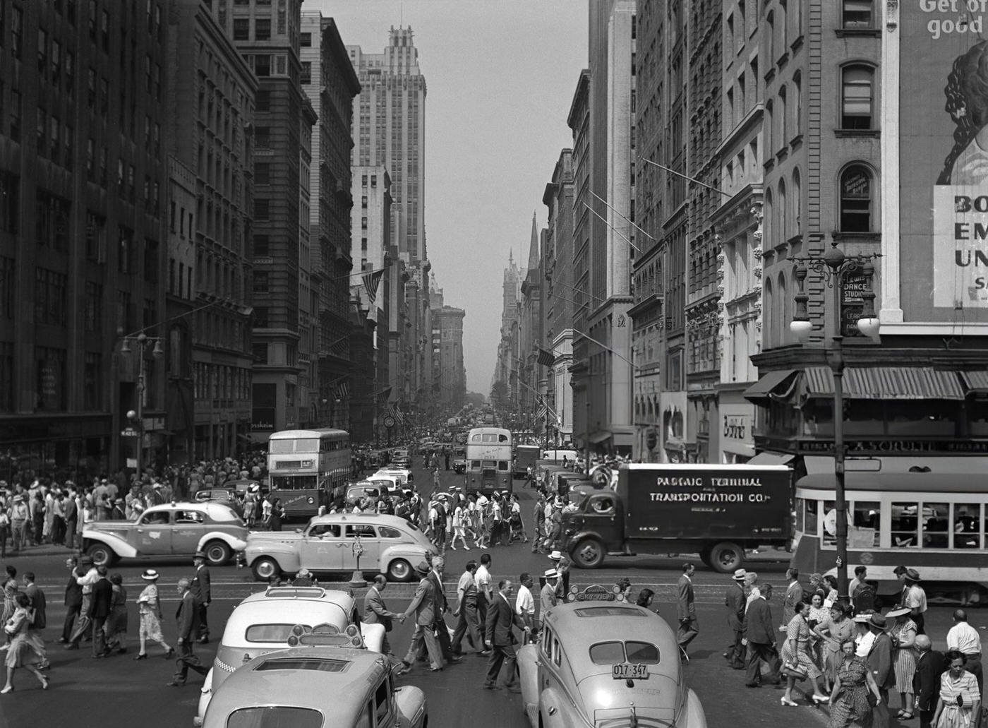 Pedestrians And Vehicle Traffic In The Intersection Of 5Th Avenue And 42Nd Street, 1946.