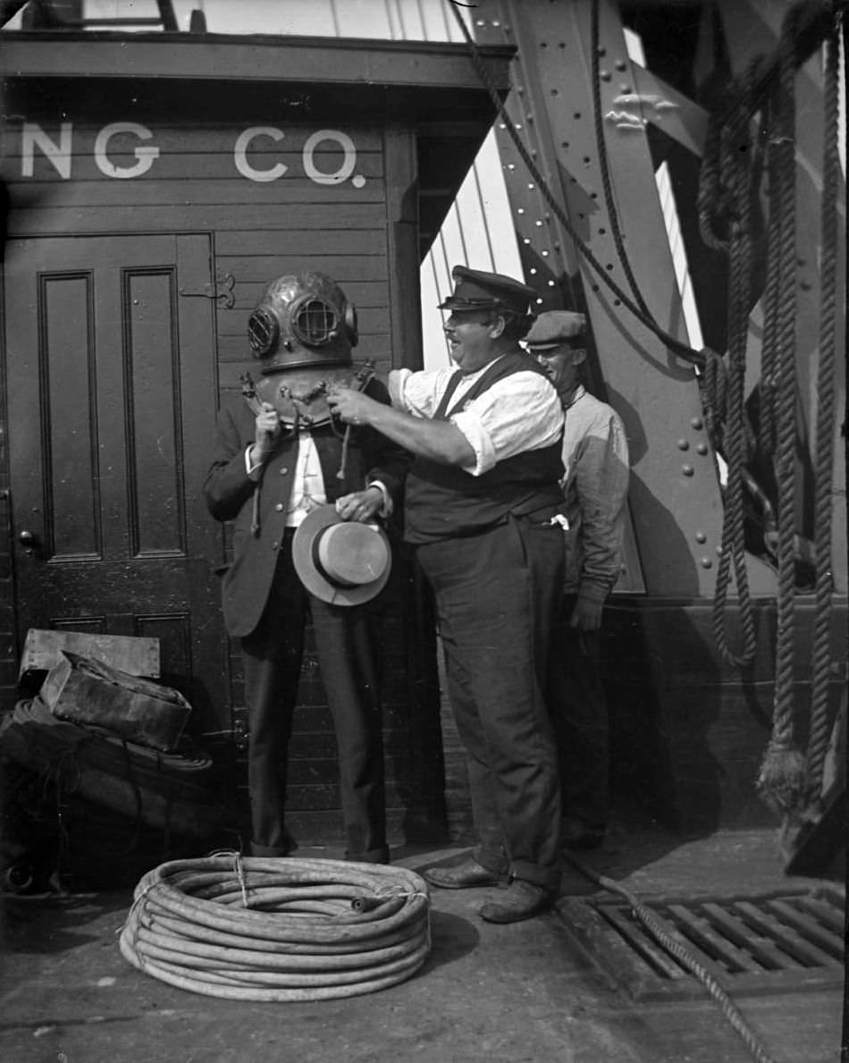 Trying On A Diving Helmet, North Brother Island, 1904, Possibly Used In Recovery Efforts For The General Slocum Disaster.