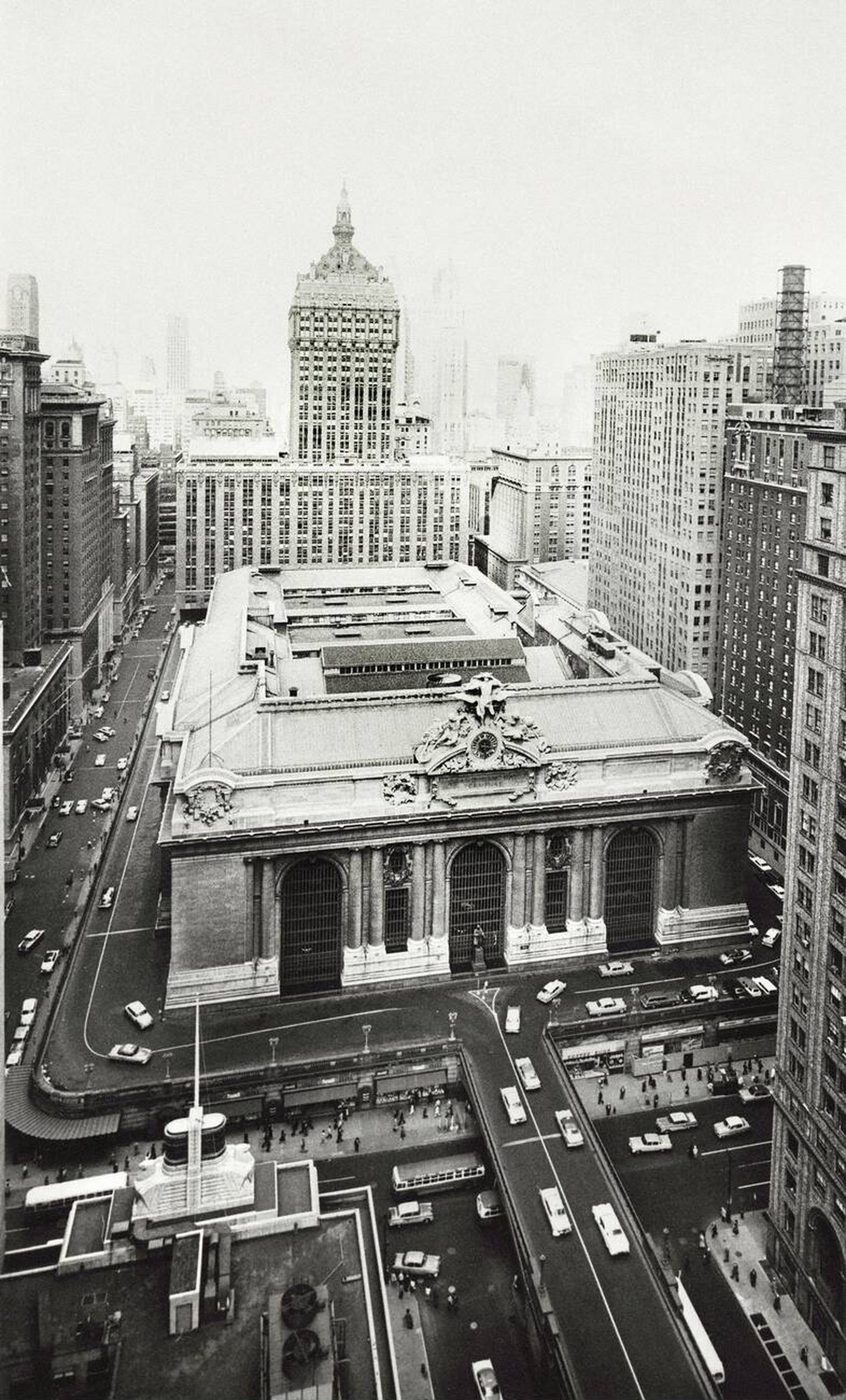High Angle View Of Grand Central Terminal Bordered By 42Nd Street With Helmsley Building In Background, New York City.