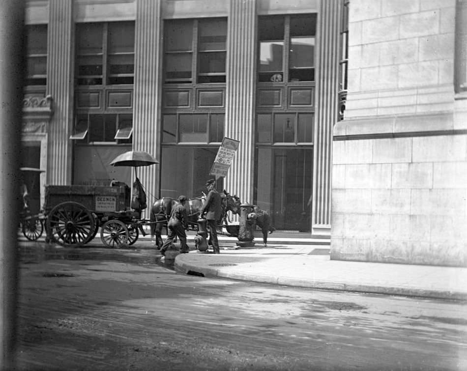 City Street With Horse Cart And A Man Holding An Advertising Sign, Ca. 1890S.