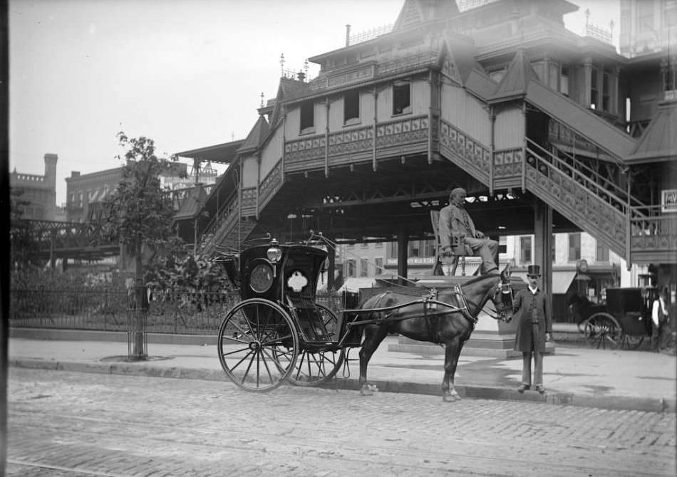 Hansom Cab, Statue Of Horace Greely, And An Elevated Train Station In Greely Square, 1898.
