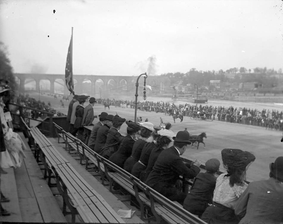 Crowd Of People On Bleachers Along The Speedway, Ca. 1899.