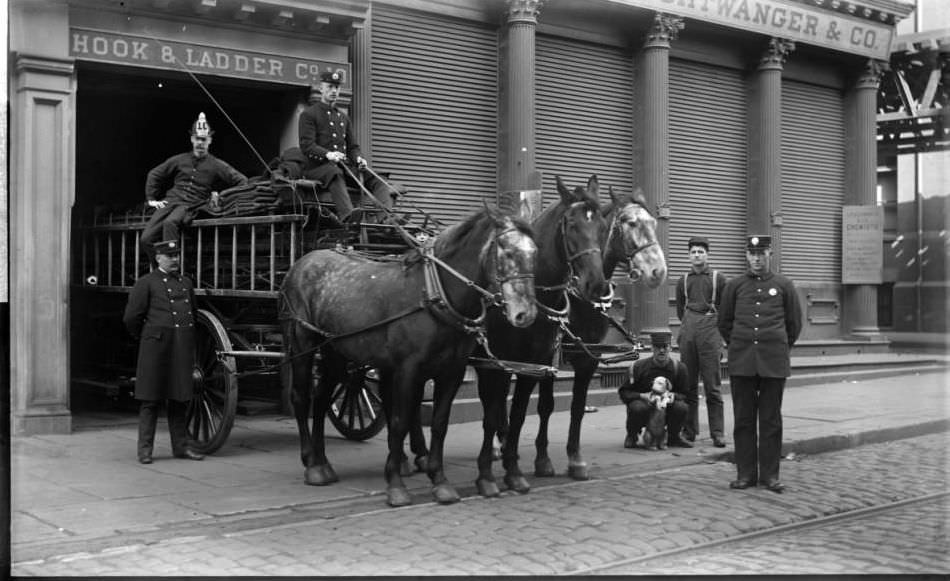 Firefighters And Engine Of Hook And Ladder Company No. 10, 1891.