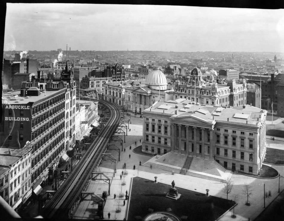 Brooklyn: High-Angle View Of City Hall, Kings County Supreme Court, Mechanics Bank, Arbuckle Building, And The Park Theatre, Ca. 1896.