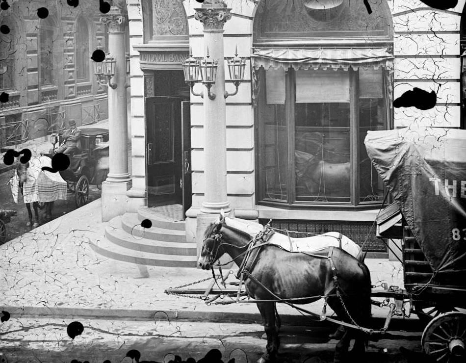 Horse Carriages In Front Of The Western National Bank Of The City Of New York, Ca. 1900S.