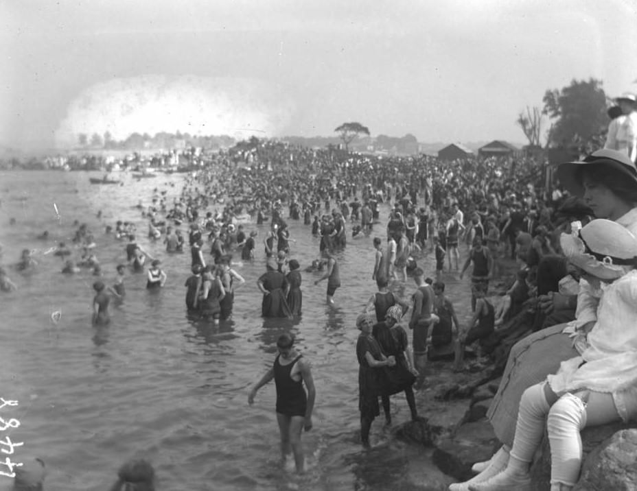 Bathers On The Beach At Orchard Beach, Bronx, 1912.