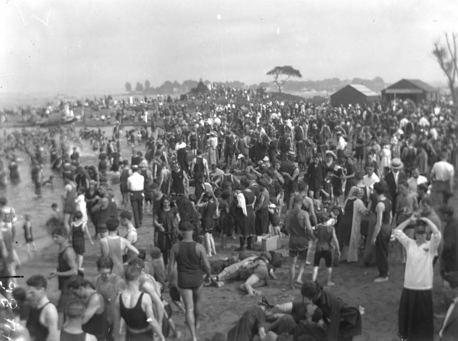 Bathers On The Beach At Orchard Beach, Bronx, 1915.