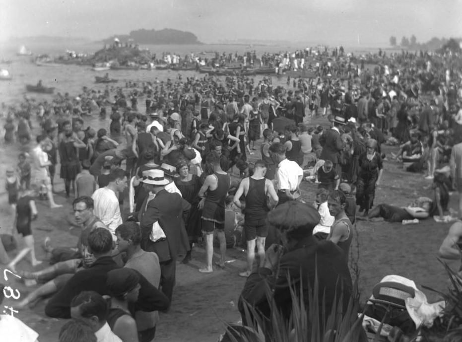 Bathers On The Beach At Orchard Beach, Bronx, 1915.