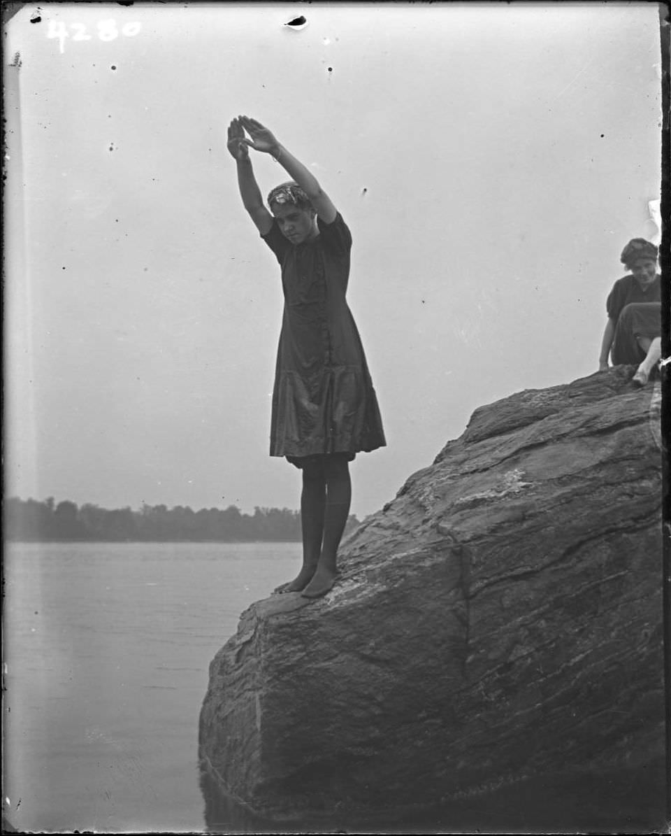Grace Stonebridge About To Dive Off A Rock At Orchard Beach, Bronx, 1910.