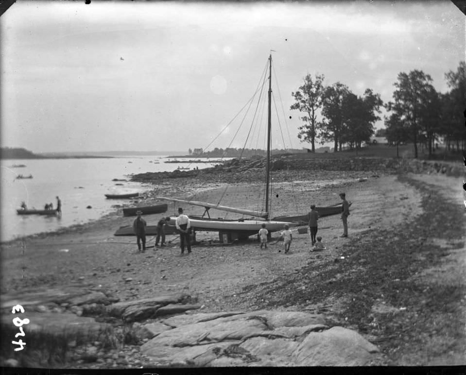 Sailboat On The Beach At Orchard Beach, Bronx, 1910.