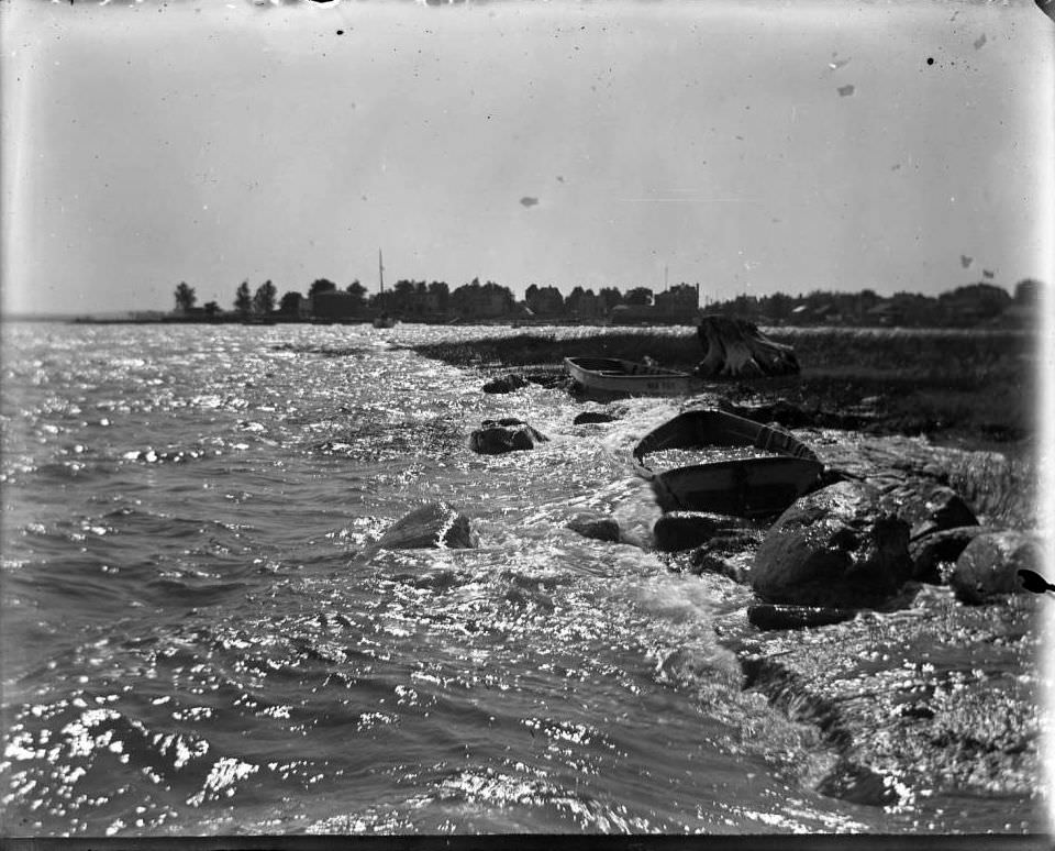 Moored Rowboats Being Swamped At Orchard Beach, Bronx, 1911.