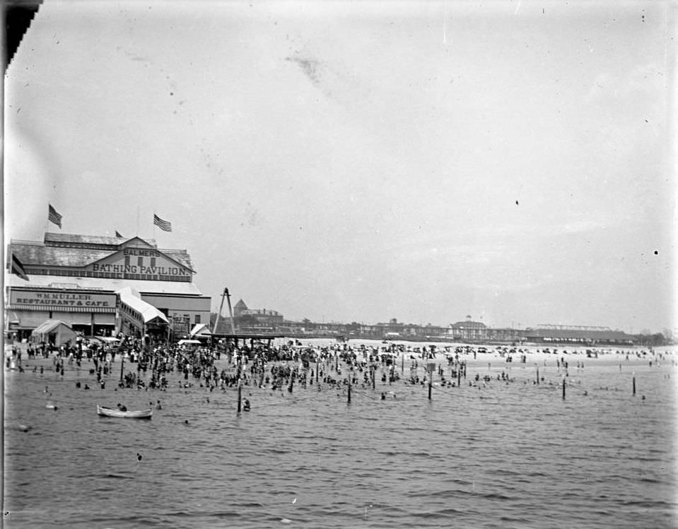 Beachgoers On Coney Island Beach In Front Of Balmer'S Bathing Pavilion, Coney Island, Brooklyn, 1898.