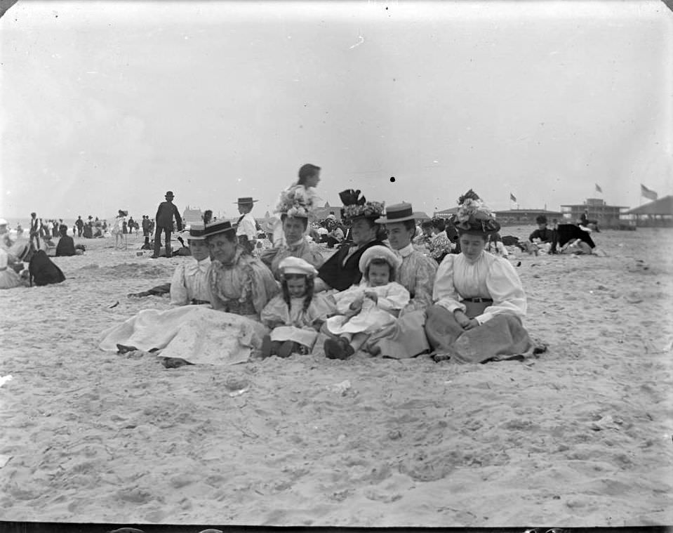Mrs. Stonebridge, Grace, Willie, And Other Women On The Beach, Coney Island, Brooklyn, Ca. 1900S.