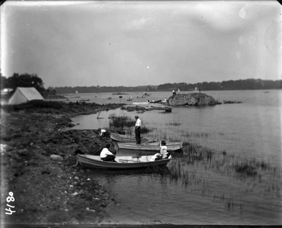 Rowboats On A Rocky Beach At Orchard Beach, Bronx, 1907.