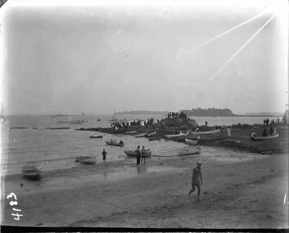 People Gathered On A Rocky Point At Orchard Beach, Bronx, 1907.