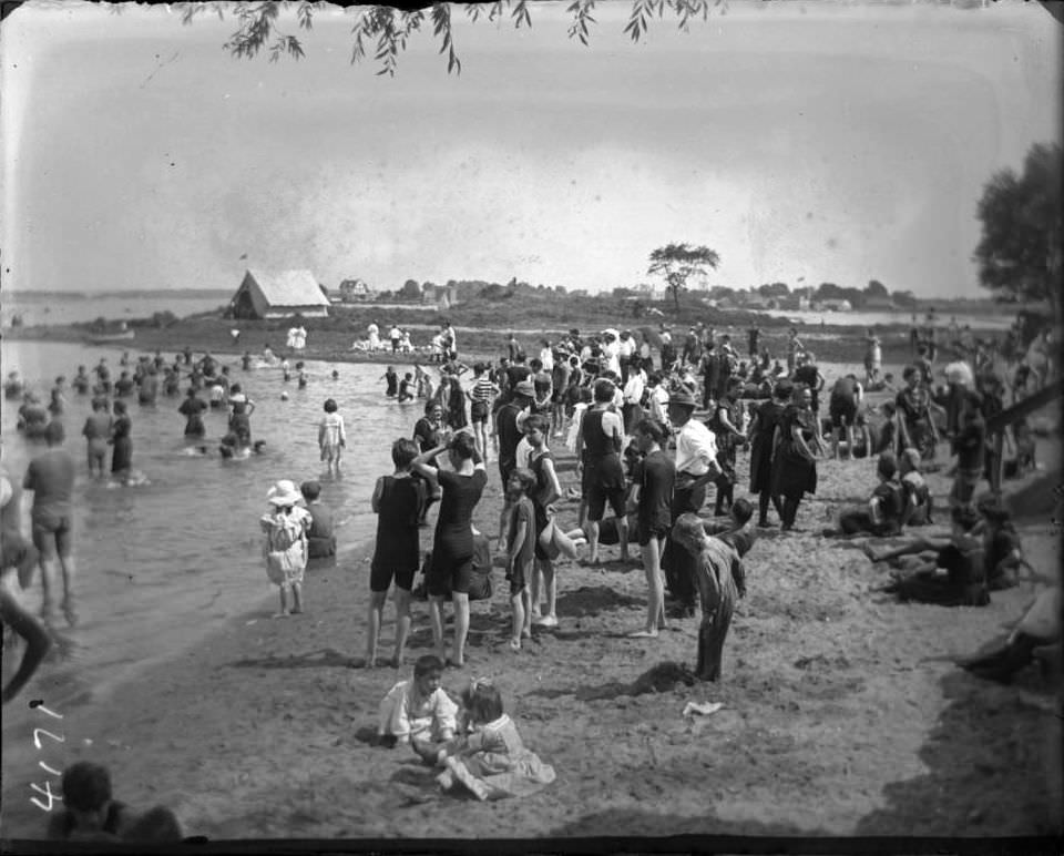 Bathers On The Beach At Orchard Beach, Bronx, 1907.