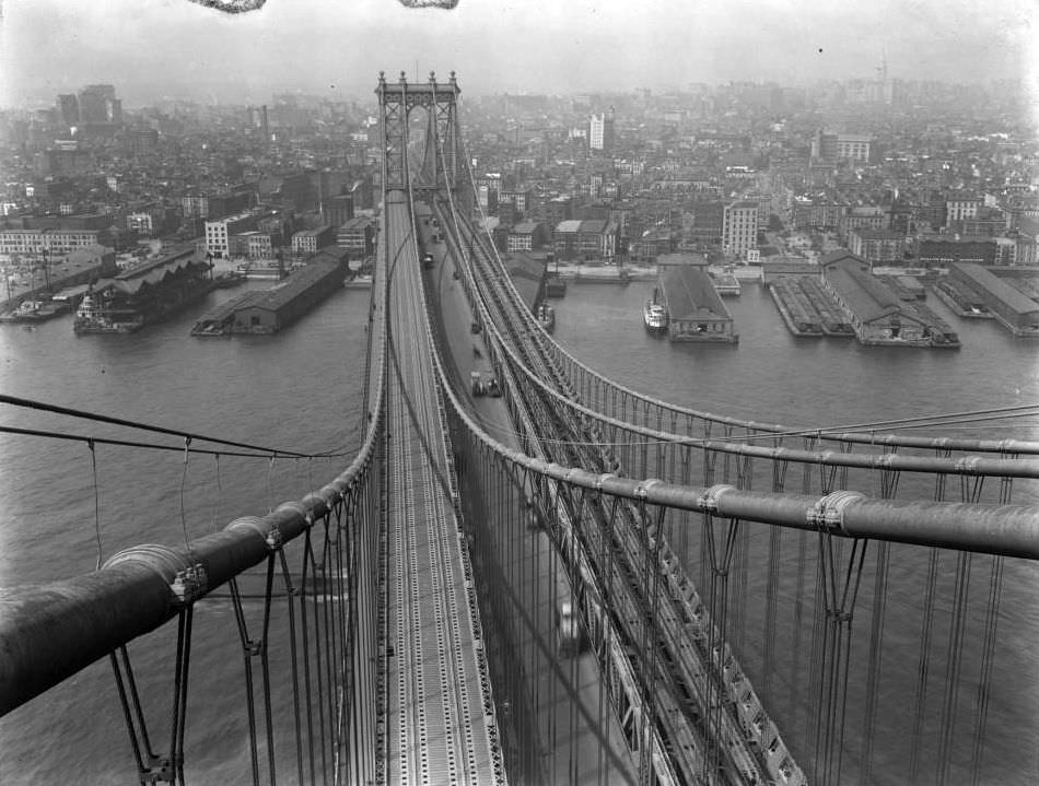 High-Angle Shot Of The Manhattan Tower Of The Manhattan Bridge And The Piers Along The East River, Manhattan, 1914.