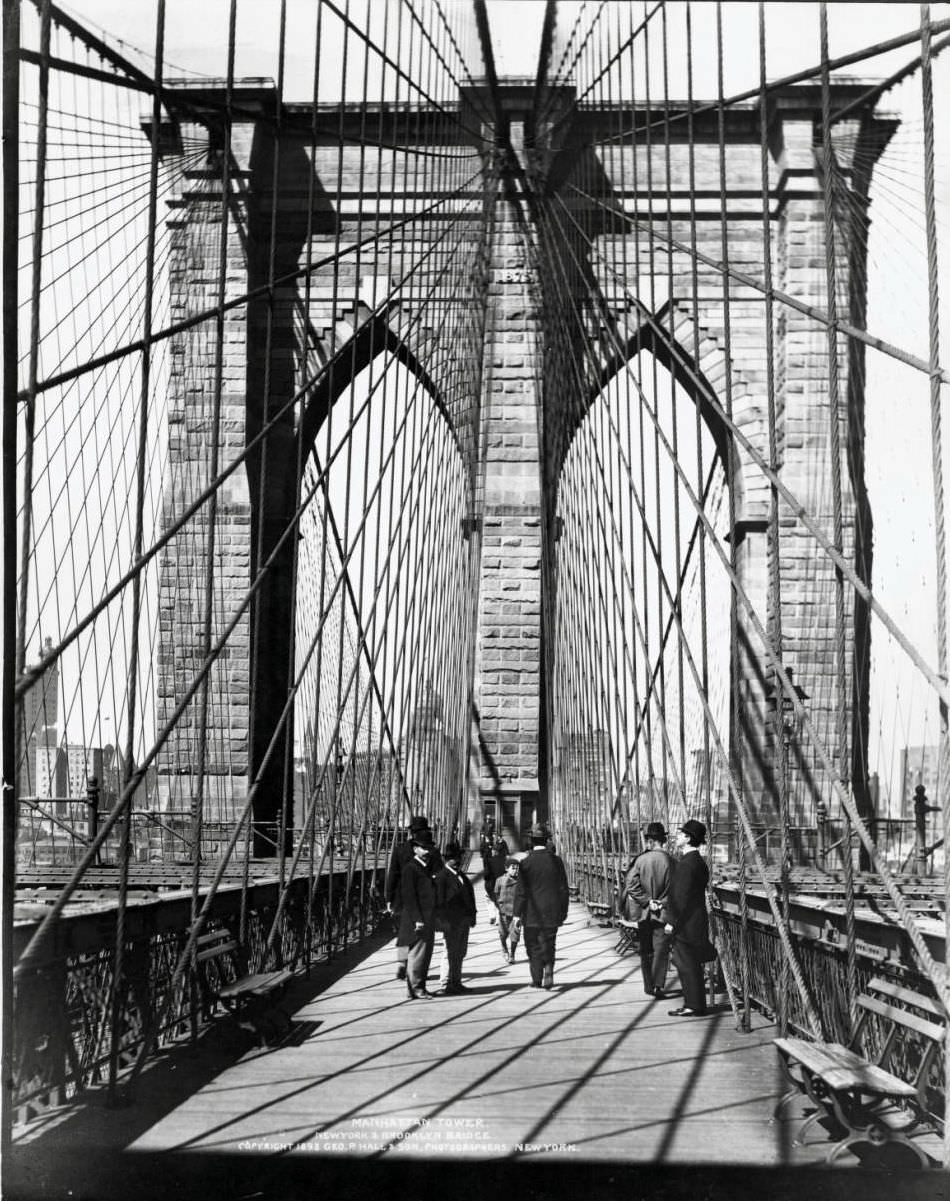 The Manhattan Tower Of The Brooklyn Bridge, Viewed From The Bridge'S Pedestrian Walkway, Manhattan, 1898.