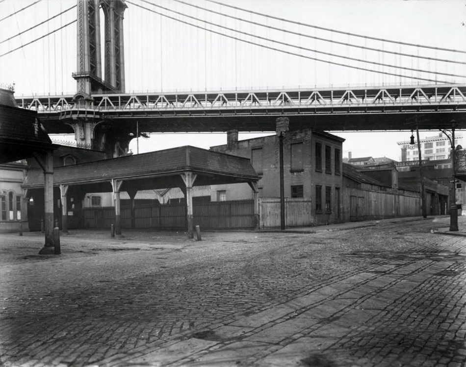 Intersection Of Main Street Under The Manhattan Bridge And The Ferry Terminal, Manhattan.