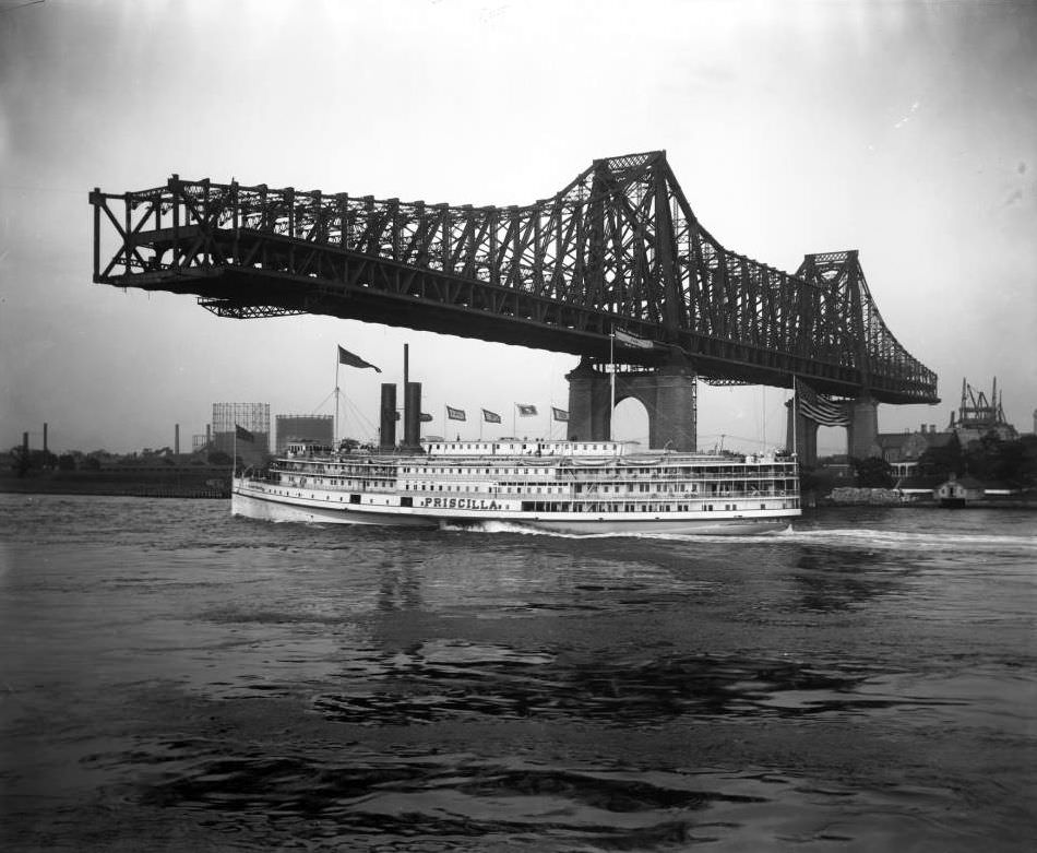 Queensboro Bridge Under Construction, 1906, With Steamboat 'Priscilla' Passing Below.