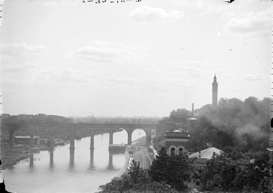 The Harlem River, The High Bridge, And High Bridge Water Tower, New York City, 1914.