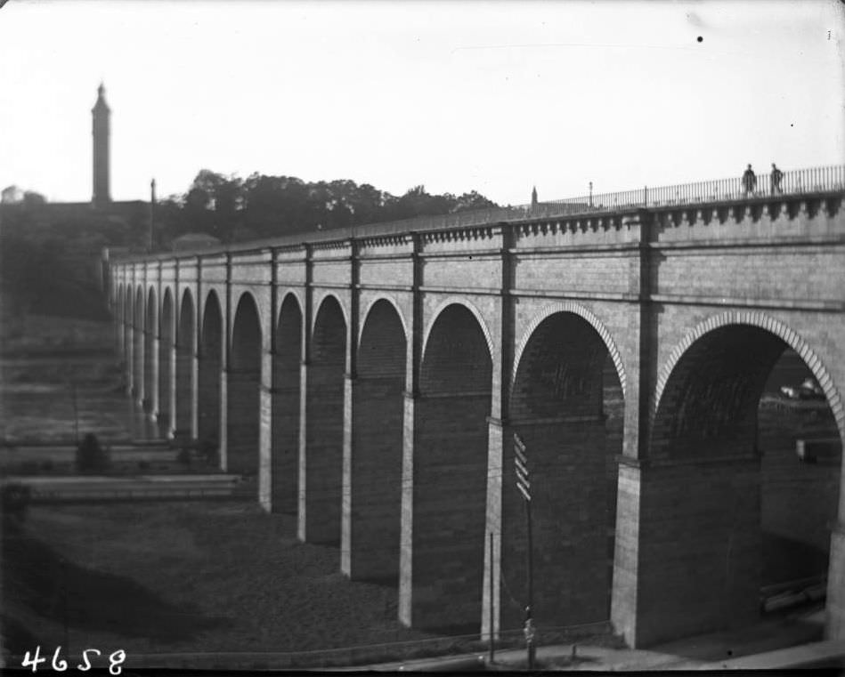 View Of High Bridge, The Harlem River, And High Bridge Tower, New York City, 1900.