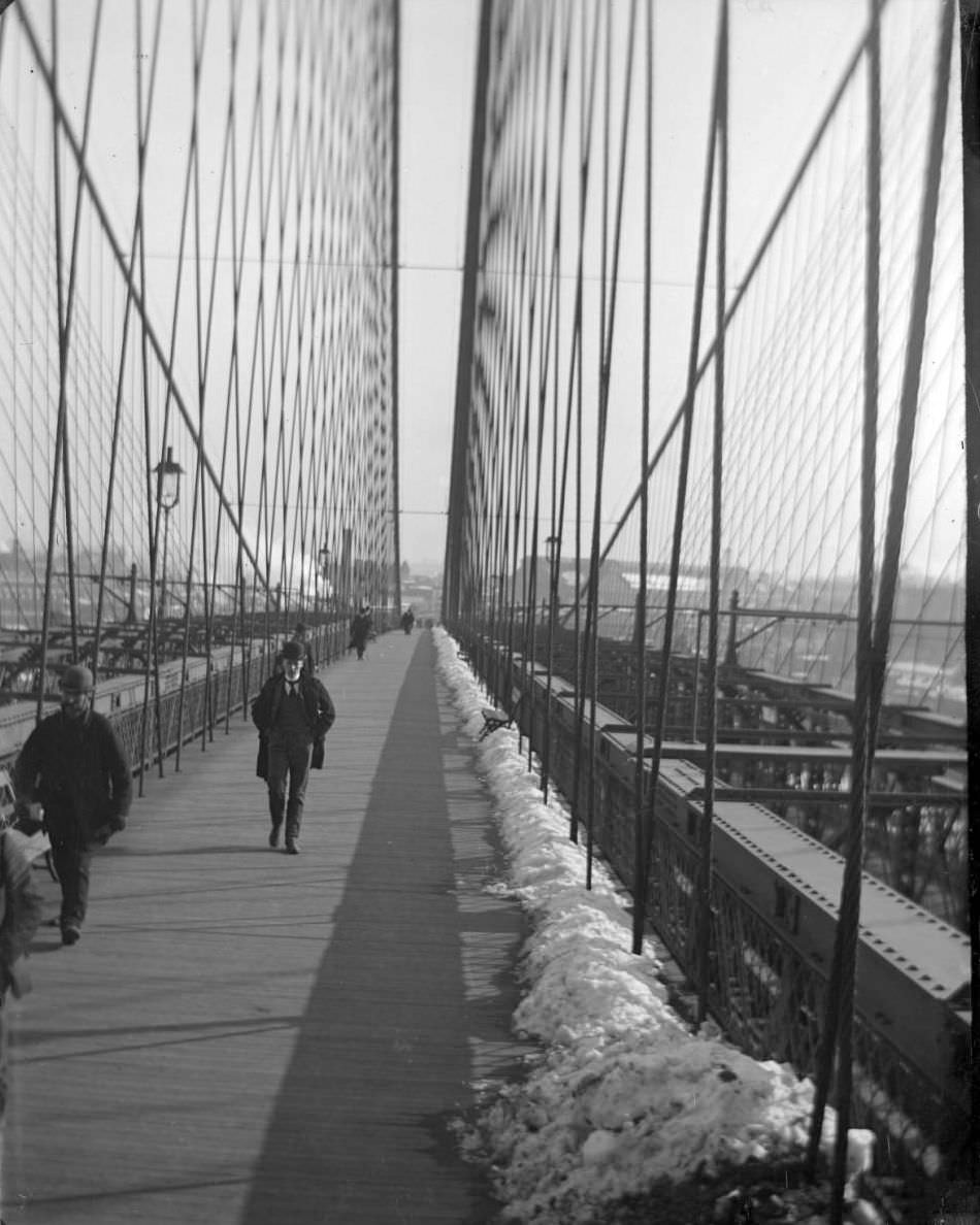 Crossing The Brooklyn Bridge In Winter, New York City, 1900S.