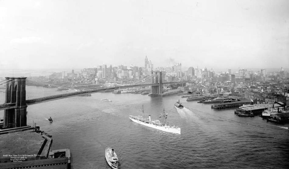 Brooklyn Bridge And The New York Skyline, Manhattan, 1908.