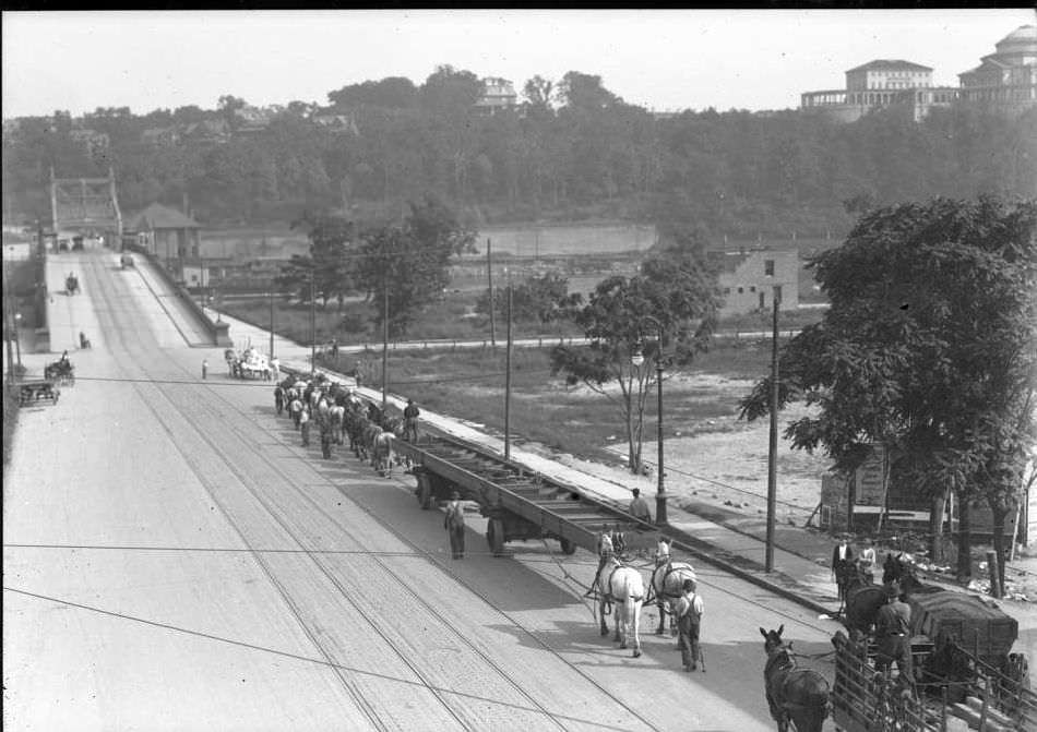 High-Angle View Of Bronx-Bound Traffic Approaching The University Heights Bridge, New York City, 1915.