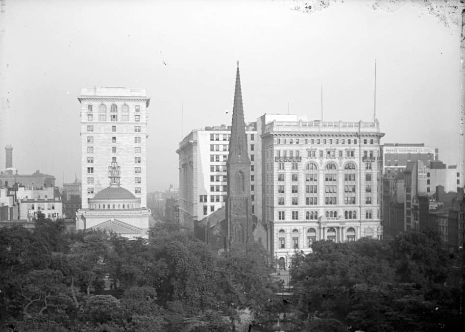 The Former And Latter Buildings Of The Madison Square Presbyterian Church, Corner Of E. 24Th Street And Madison Avenue, Viewed From Across Madison Square Park, New York City, 1906.
