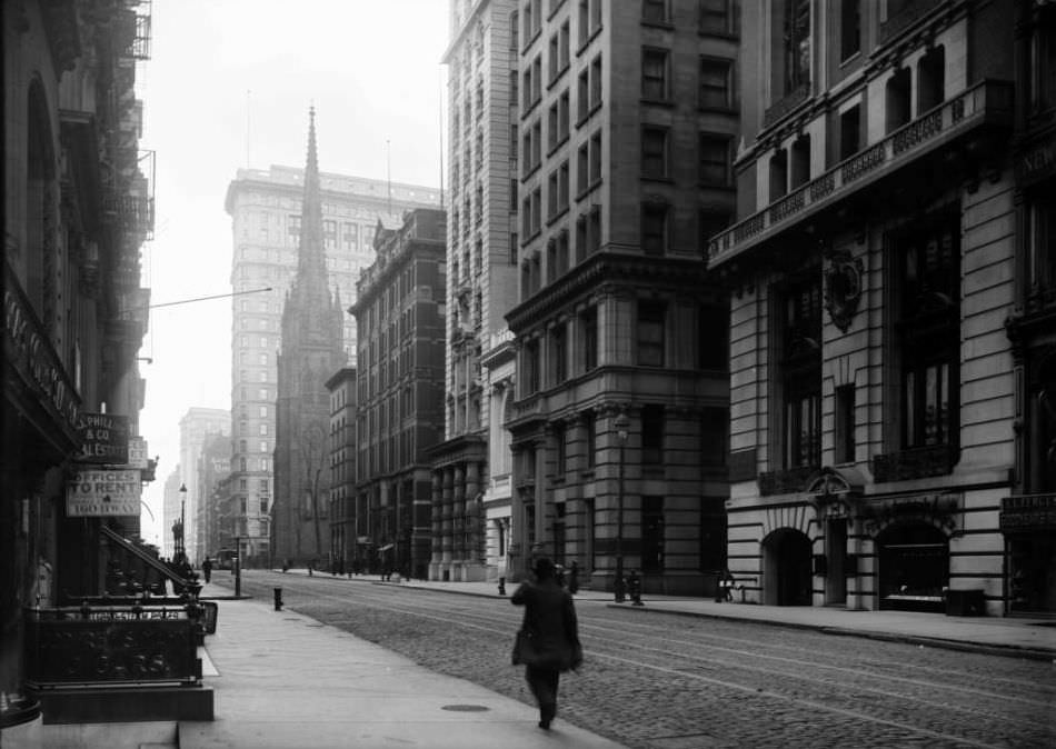 View Looking South On Broadway To Trinity Church, New York City, 1902.