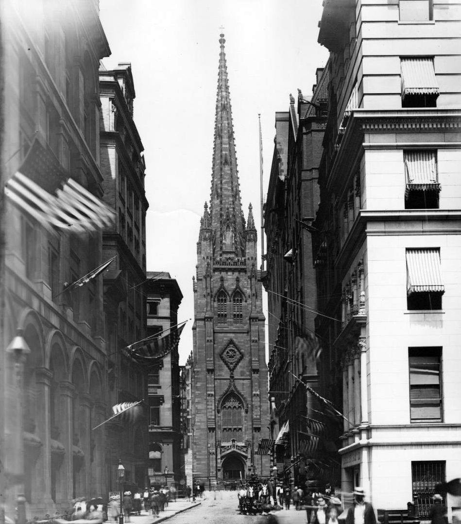 View From The Intersection Of Wall Street And Broad Street To Trinity Church.