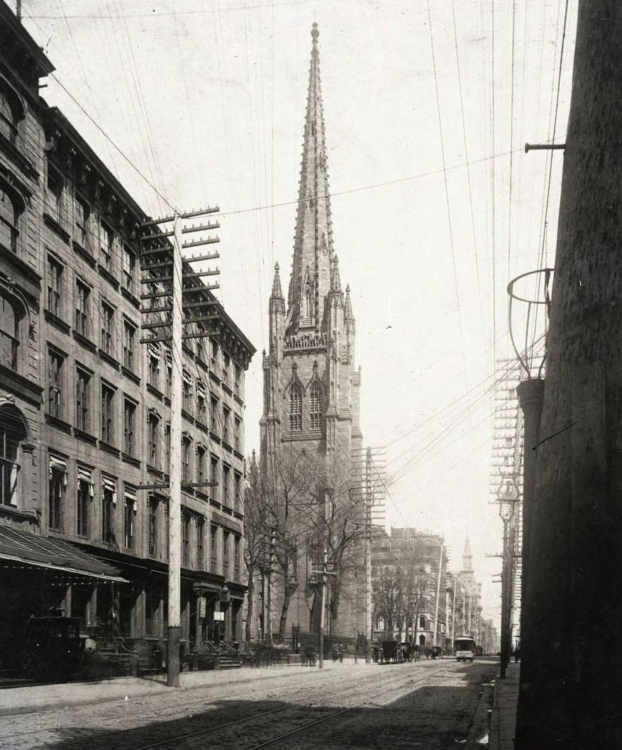 Broadway Looking North From Rector Street, Showing Trinity Church, New York City, 1895.