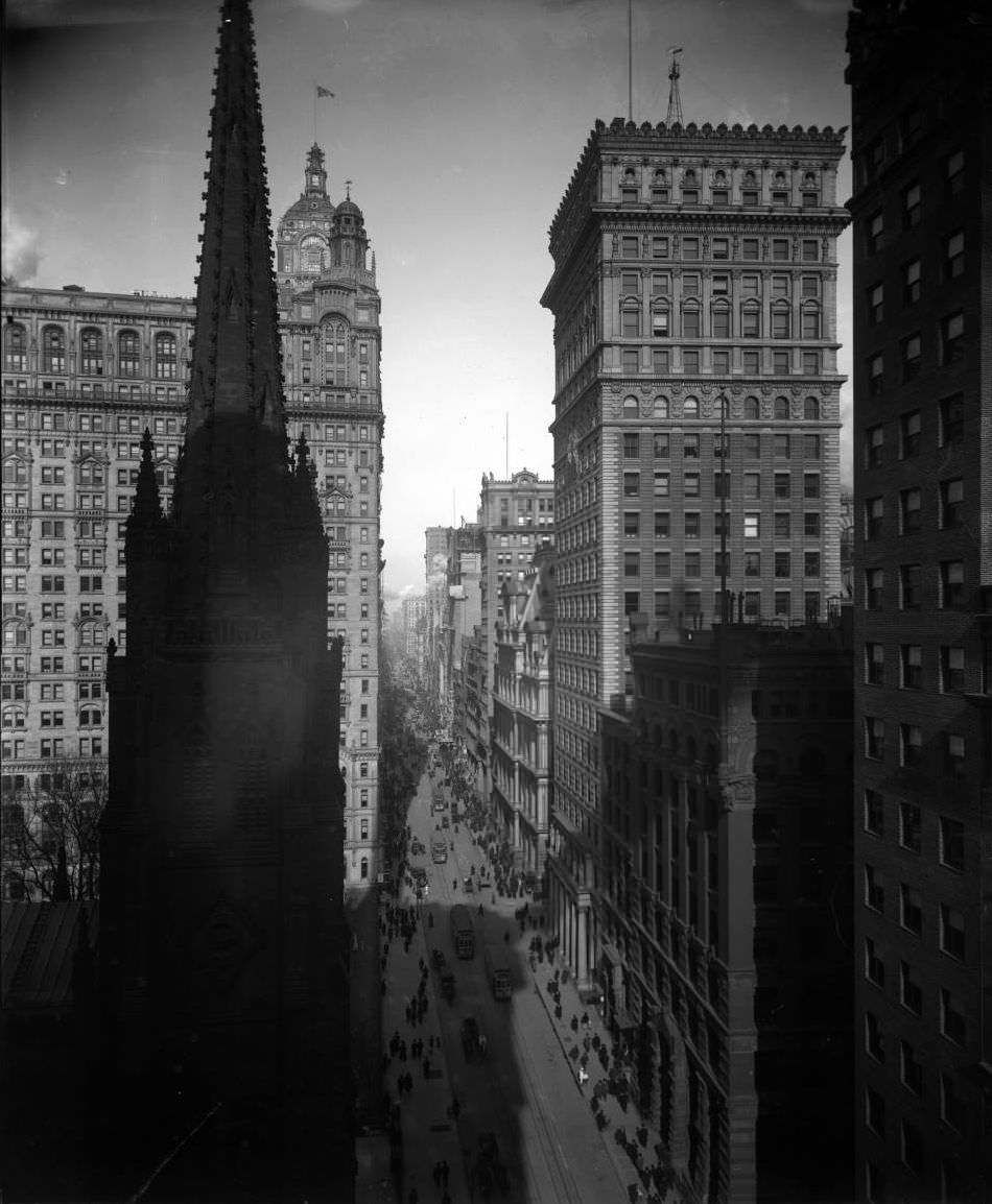 View Looking North Up Broadway, Trinity Church Spire In Foreground.