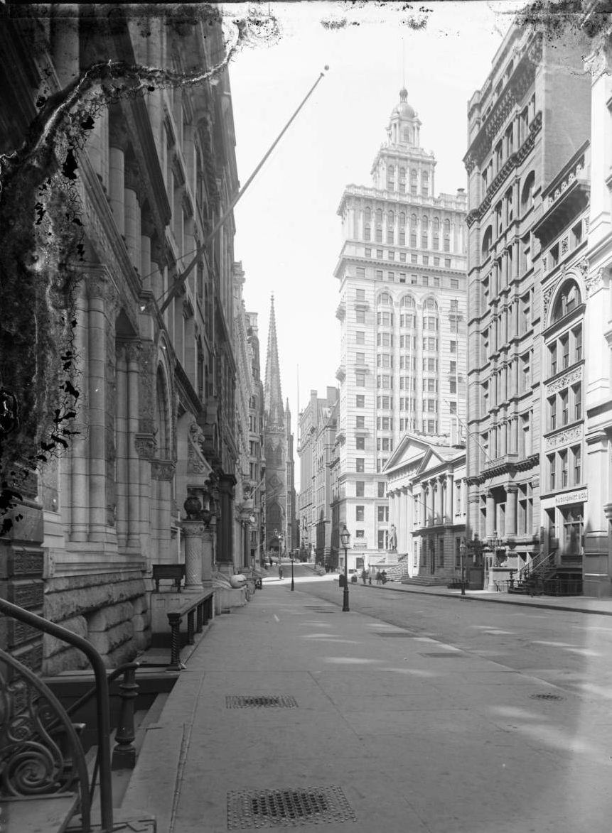 View Looking West On Wall Street To The Assay Office, The Sub-Treasury Building (Federal Hall), And Trinity Church, New York City, 1897.