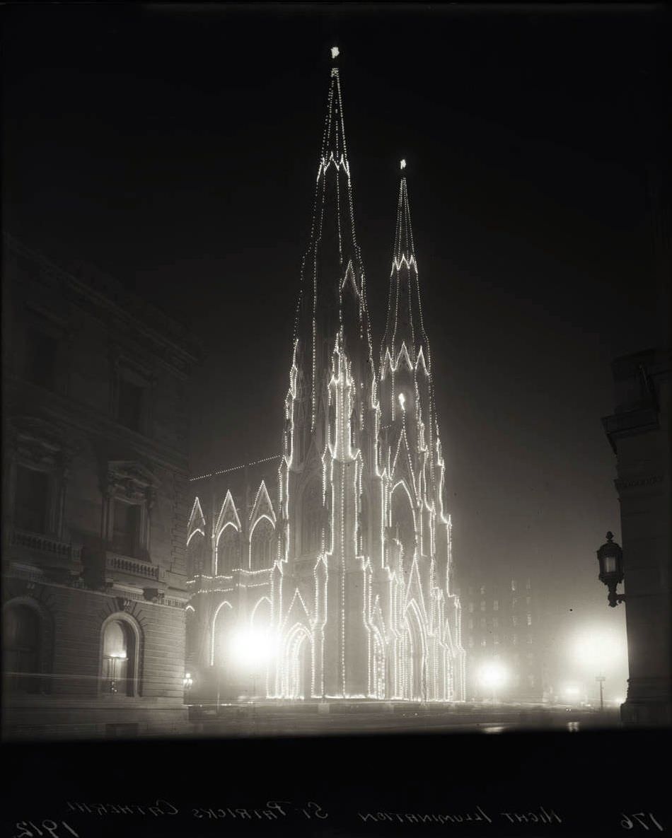St. Patrick'S Cathedral Illuminated At Night, Fifth Avenue And 50Th Street, New York City, 1912.