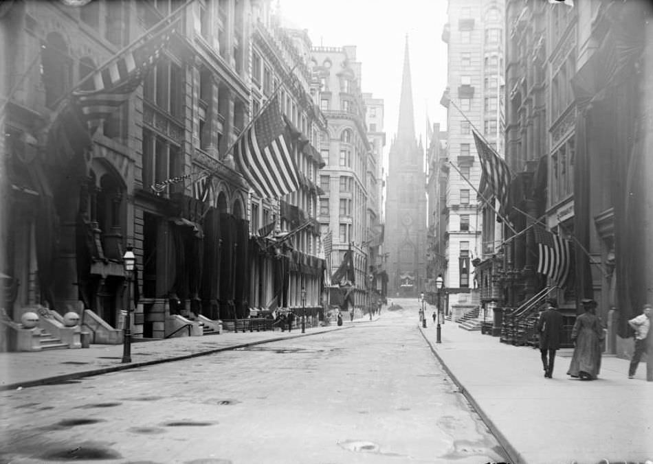 View Looking West On Wall Street To Trinity Church, New York City, 1900S.