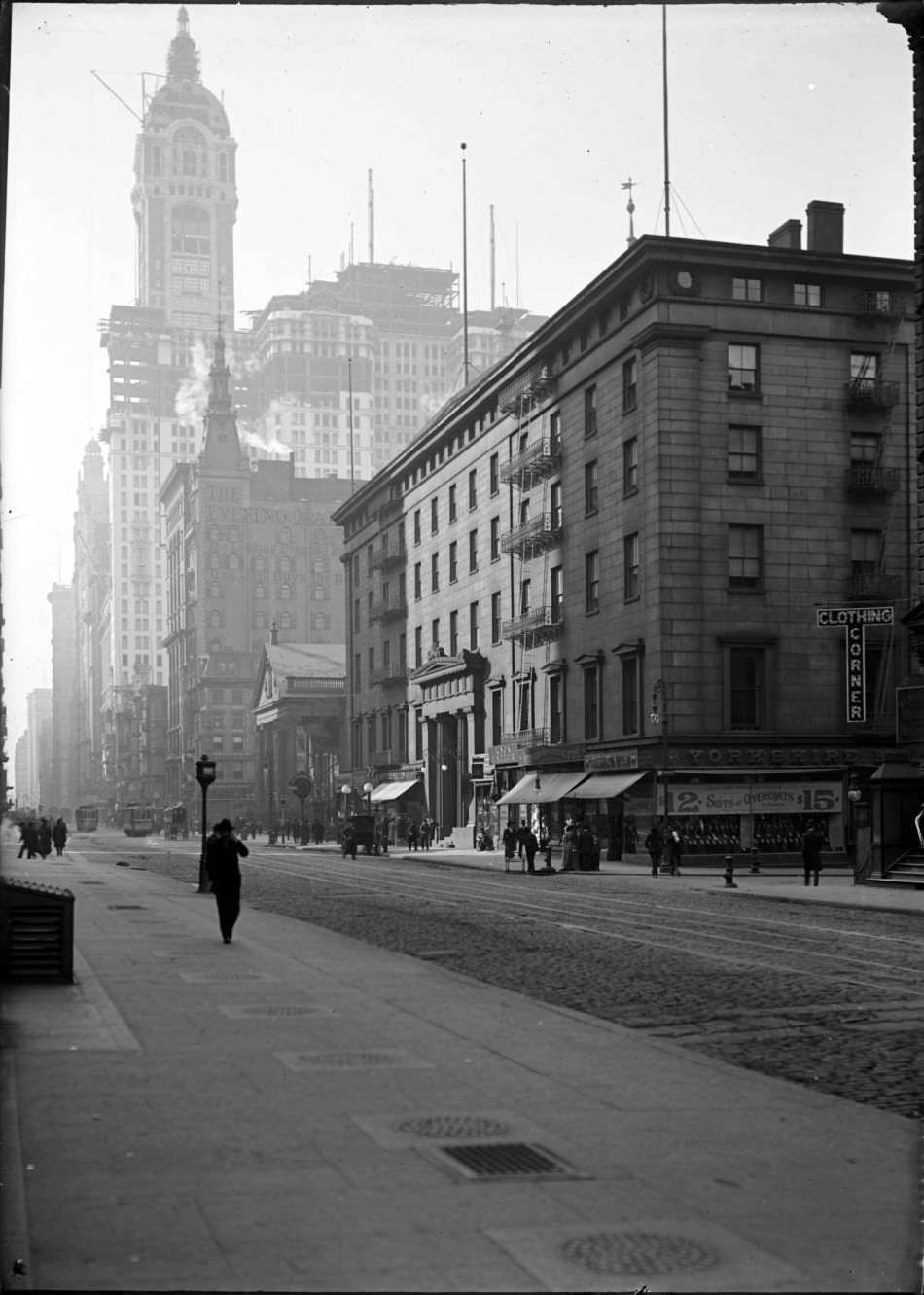 View Looking Down Broadway From Astor House To St. Paul'S Chapel, The City Investing Building, And The Singer Building, New York City, 1900S.