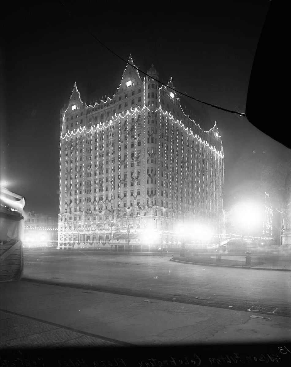 Plaza Hotel, Fifth Avenue At 58Th - 59Th Streets, Illuminated For The Hudson-Fulton Celebration, 1909.