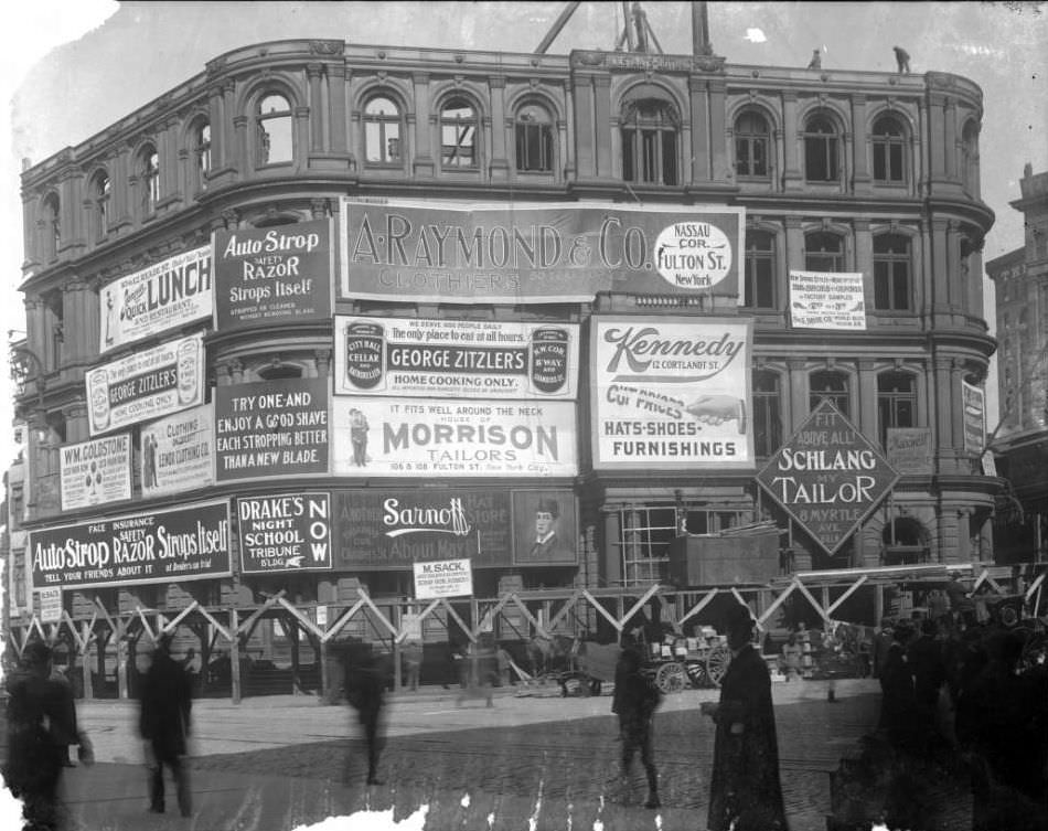 New York City: New York Staats-Zeitung Building Covered In Billboards.