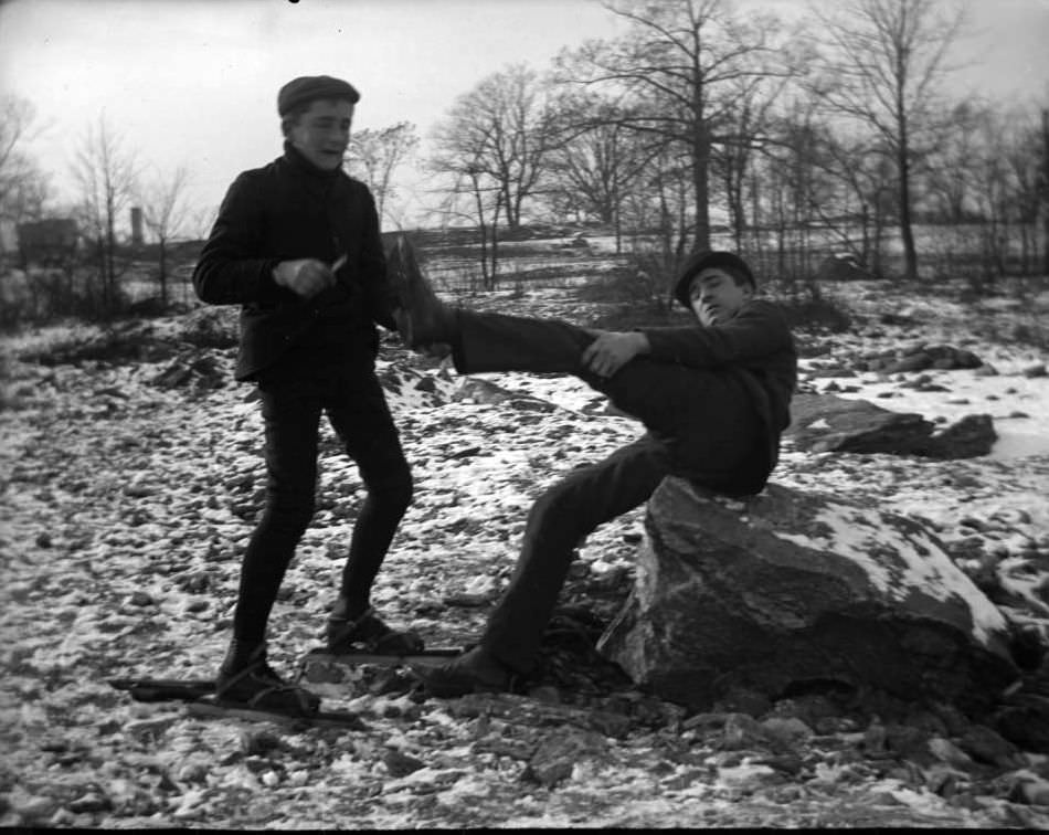 Boys Putting On Skates, Van Cortlandt Lake, Van Cortlandt Park, Bronx, 1902.