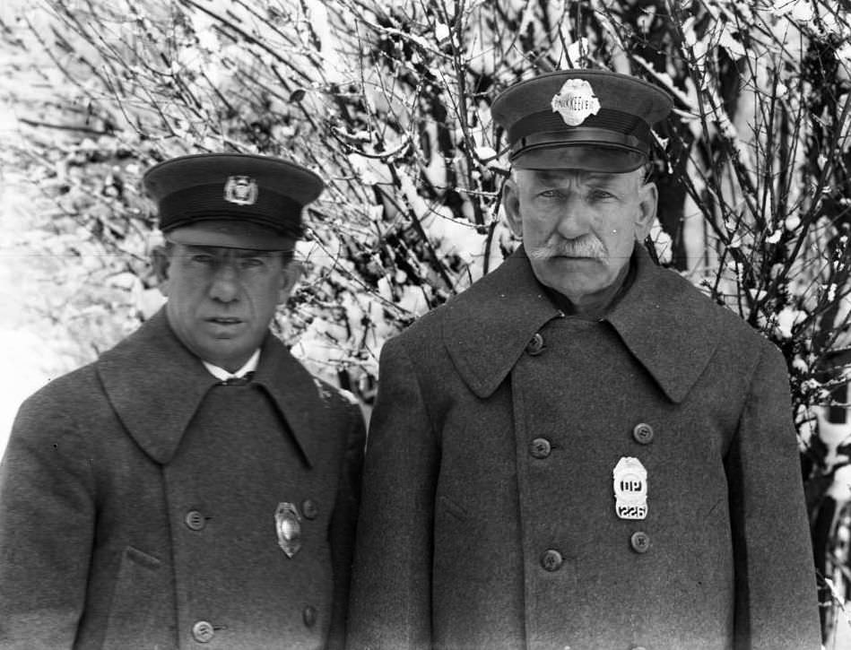 Larry Casey And John Connolly Posed In Their Winter Uniforms In The Snow, Isham Park, Inwood, New York City, 1915.