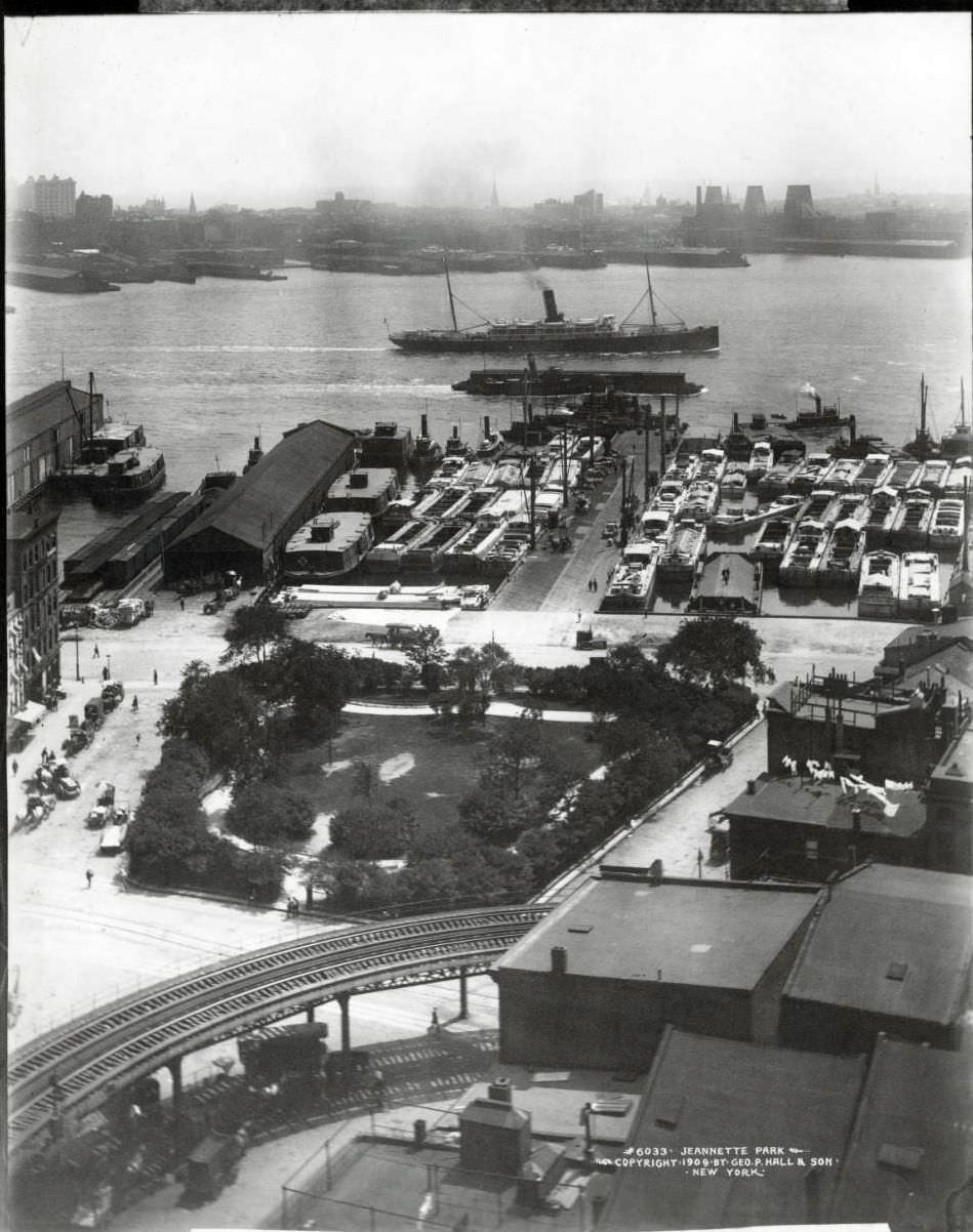 High-Angle Shot Of Jeannette Park, The South Street Docks, And The East River, Manhattan, 1909.